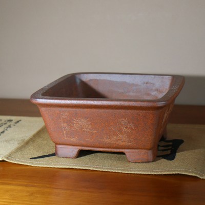 紫砂花盆张治诚斗笠盆方斗盆正方形四方形刻绘柴烧仿古盆名家盆