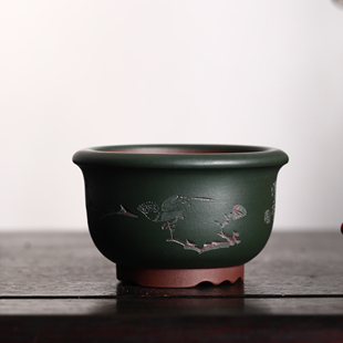 紫砂花盆陶瓷盆景盆小盆微型盆孙伟刻绘名家盆花鸟山水觅陶乡
