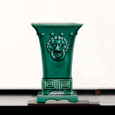 紫砂花盆陶瓷裂纹釉兽面狮头兽钮正方形鼓丁兰花盆兰盆带底座