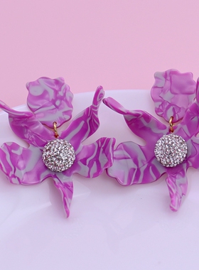 小众潮品轻奢欧美风le新款玫红绿色软陶镶钻花朵耳钉耳夹耳环现货