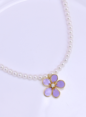 小清新珐琅釉彩紫色花朵珍珠项链
