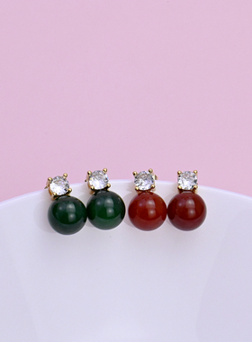 绿色红玛瑙镶钻耳钉耳饰质感轻奢时尚气质复古优雅欧美港风百搭款