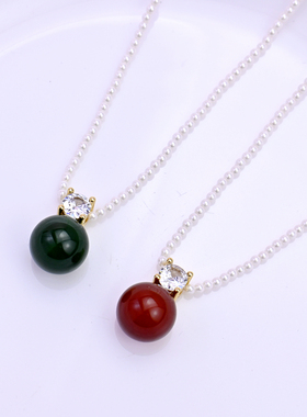 女高级珍珠红玛瑙祖母绿锆石项链
