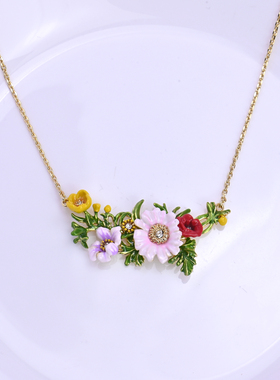 彩色花朵珐琅釉彩花丛设计感项链