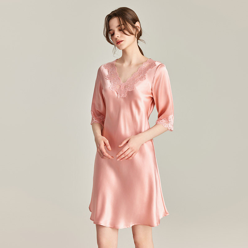 杭州高端丝绸100%桑蚕丝真丝睡裙蕾丝性感睡衣裙春夏粉色家居服女