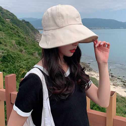 香港高端防晒渔夫帽女透气遮阳帽子韩版可扎马尾遮脸太阳帽宽檐大