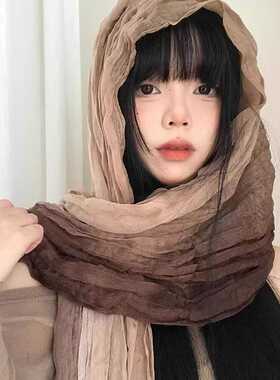 香港高端民族风丝巾女废土风亚麻褶皱渐变头巾凹造型辣妹围脖披肩