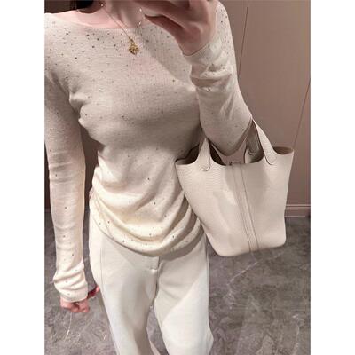 杏色重工闪钻针织长袖t恤