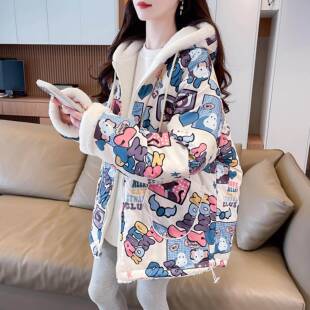 两面穿连帽羊羔毛外套女秋冬季加绒加厚初高中学生大童青少年棉服