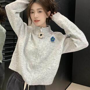 韩系拉链高领毛衣外套女秋冬新款慵懒风别致宽松短款针织开衫上衣
