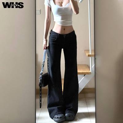 黑色低腰微喇牛仔裤女夏薄款2025新款直筒显瘦小个子阔腿喇叭裤子