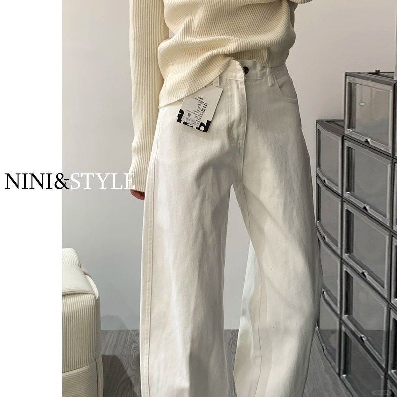 白色窄版阔腿牛仔裤女夏季2025新款高腰高级垂感宽松小个子直筒裤