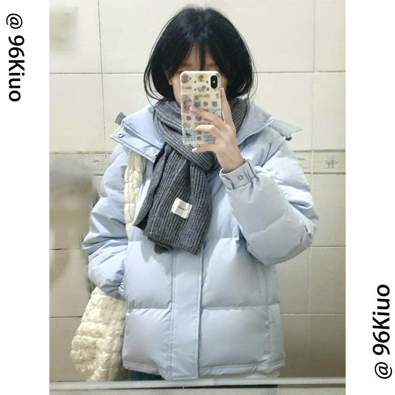 浅蓝色羽绒棉服女短款连帽2025年新款冬季情侣男加厚宽松棉服外套