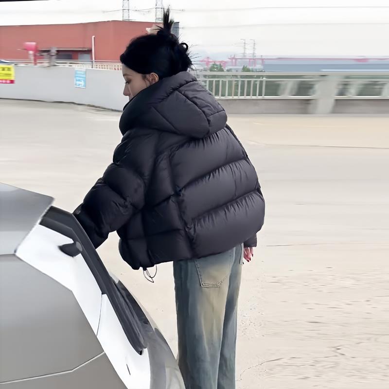 泡芙龟背黑色短款羽绒服女2025冬季新款90白鸭绒连帽面包服外套