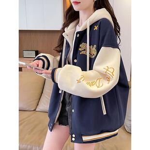 美式羊羔毛棒球服外套女秋冬季加绒加厚夹克2025新款学生大童棉服