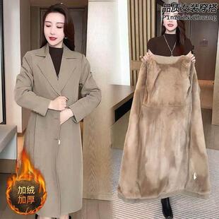 收腰中长款加绒加厚风衣外套冬季女高级感时尚洋气西装领保暖大衣