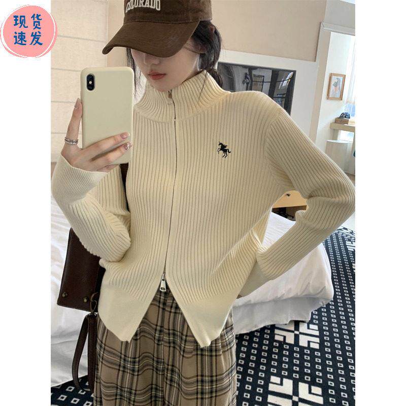 春秋2025新款宽松半高领毛衣高级感独特双拉炼 炼 针织开 衫上衣