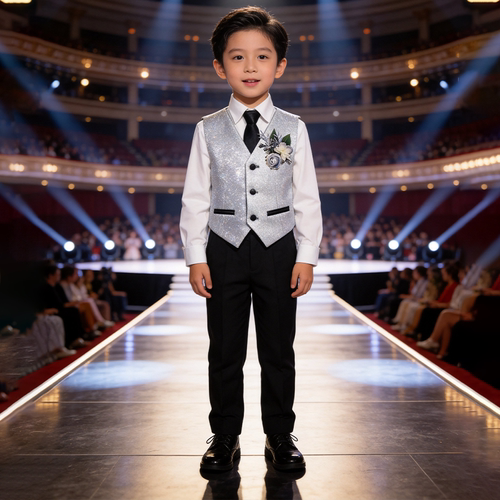 儿童演出服银色亮片马甲男童西装