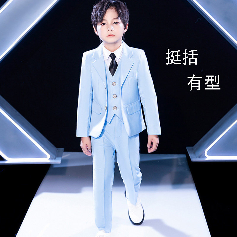 男童西装套装2025新款帅气儿童英伦炸街西服外套中大蓝色主持礼服