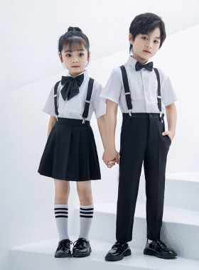 男童白色衬衫套装黑背带裤女儿童大合唱朗诵表演主持演出服礼服夏