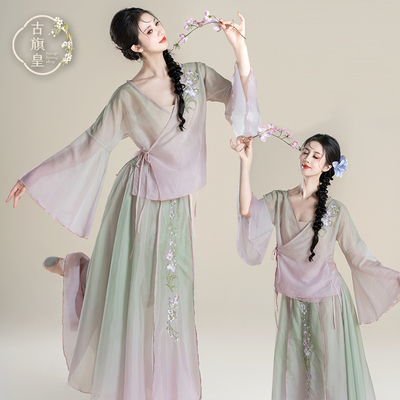 古旗皇古典舞蹈服新中式国风渐变印花纱衣飘逸大摆裙中国舞演出服