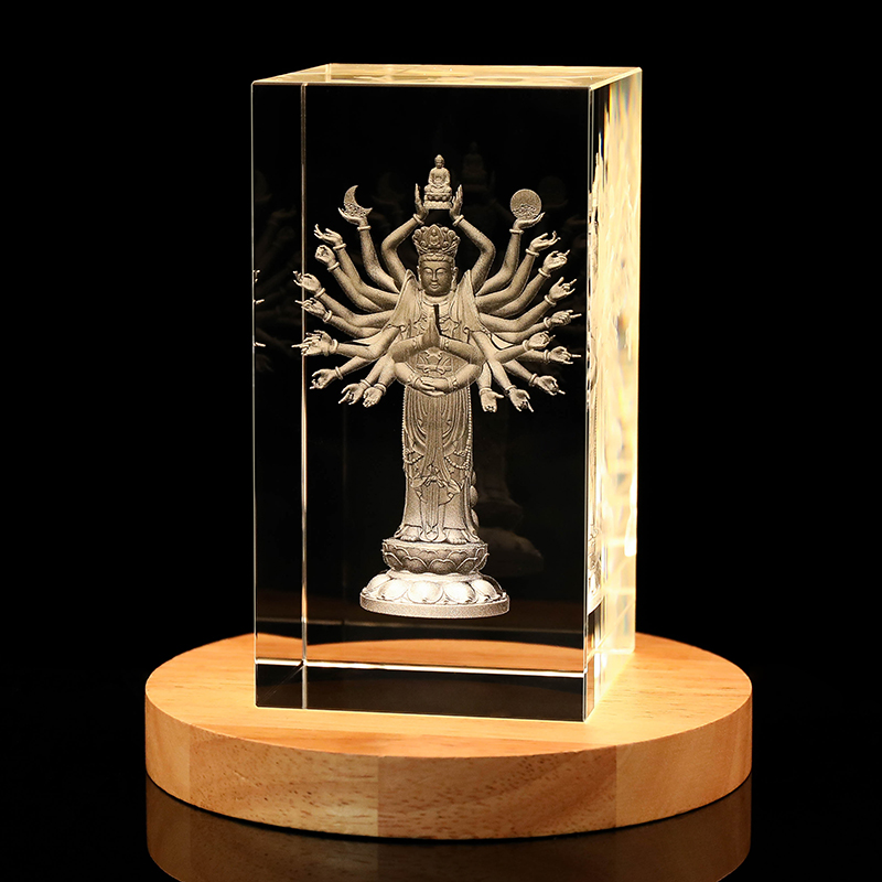水晶玻璃千手观世音菩萨千手观音佛像佛堂家用供奉3D激光内雕摆件