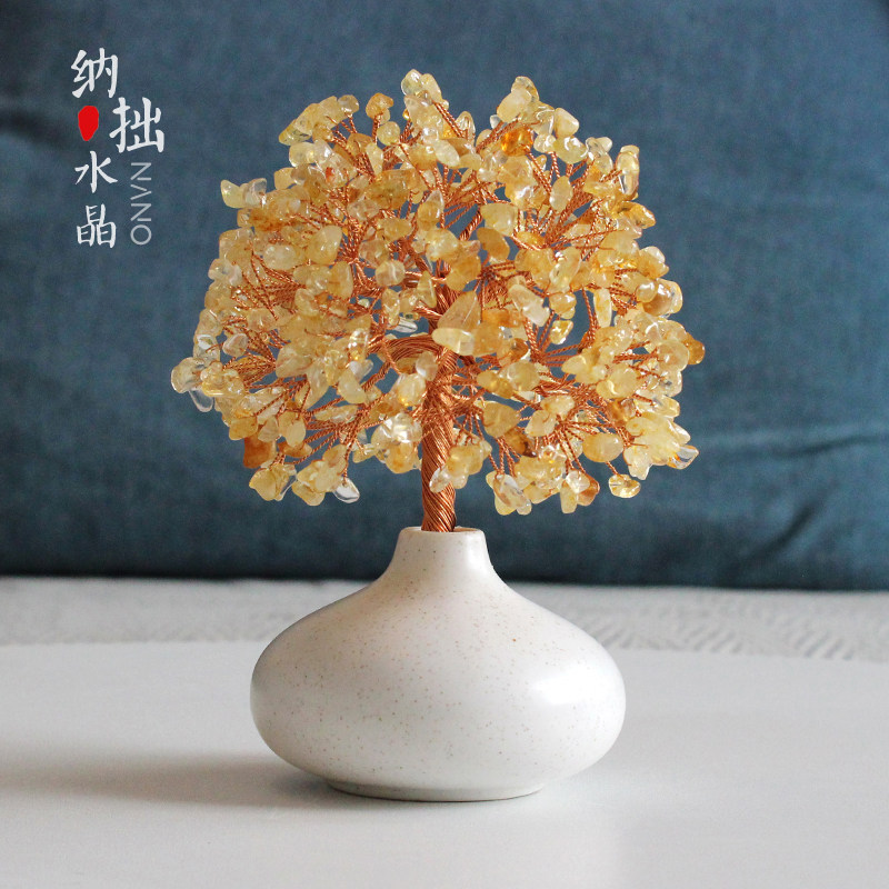 天然黄紫粉水晶发财树摆件