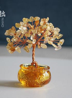 黄水晶聚宝盆迷你桌面发财树摆件