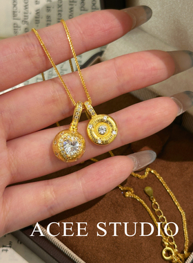 ACEE设计S925纯银中古风拉丝镶钻小甜豆吊坠项链女高级感颈链锁骨