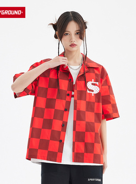 SprayGround新款潮牌棋盘格字母印花宽松上衣情侣衬衫insW0920404