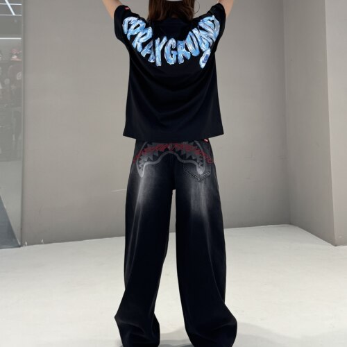 SPRAYGROUND鲨鱼嘴印花2026春新款美式牛仔裤男宽松阔腿弯刀裤子