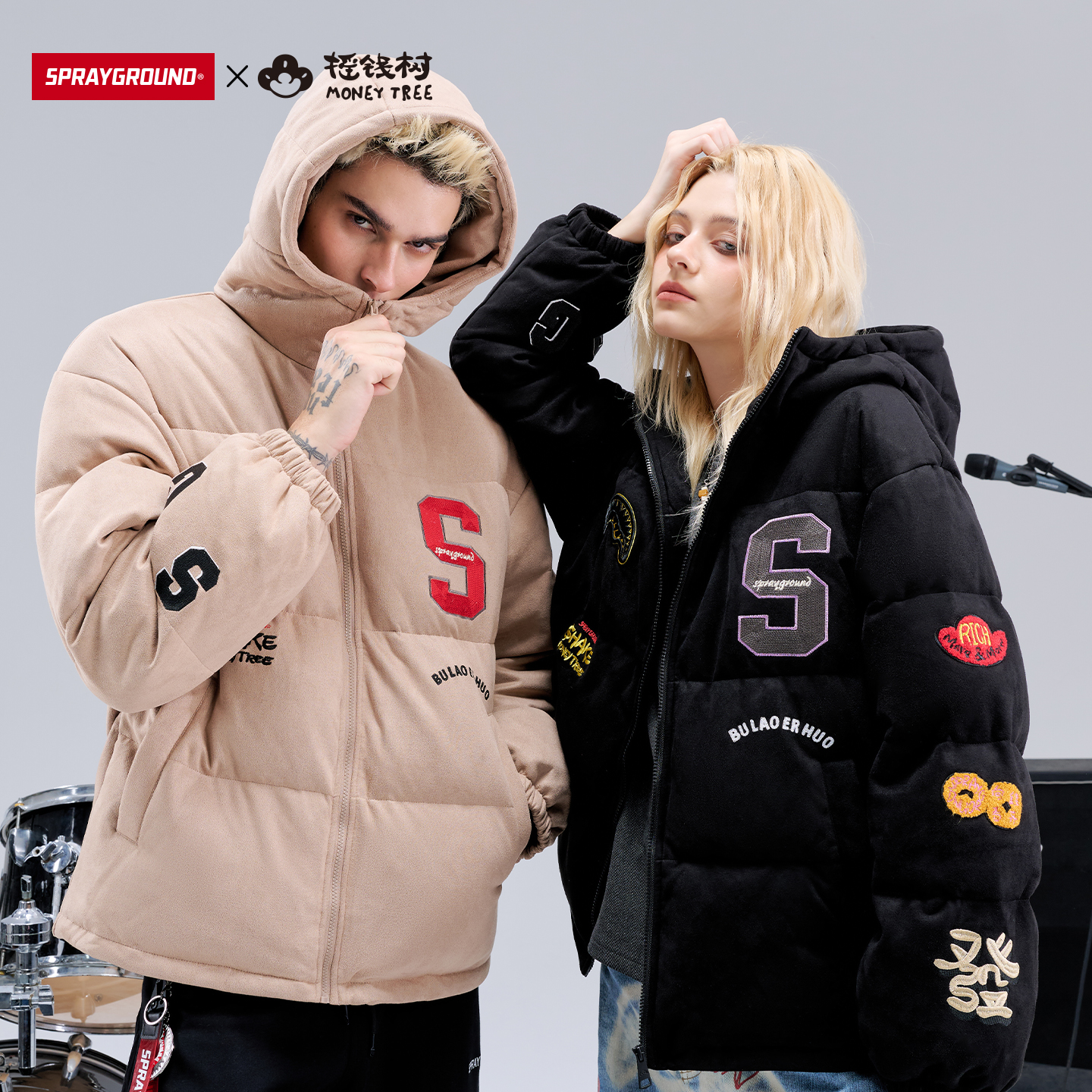 摇钱树联名SprayGround鲨鱼嘴刺绣羽绒服男女冬季加厚保暖外套