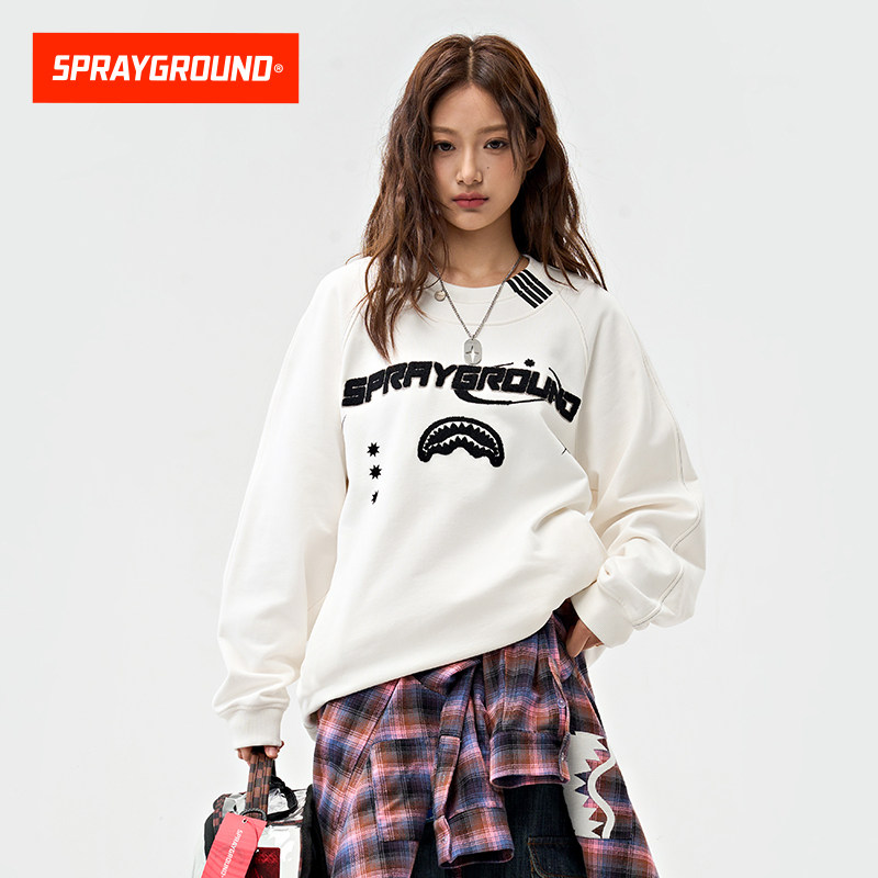 SprayGround鲨鱼嘴春新款字母印花圆领卫衣情侣款套头宽松上衣男