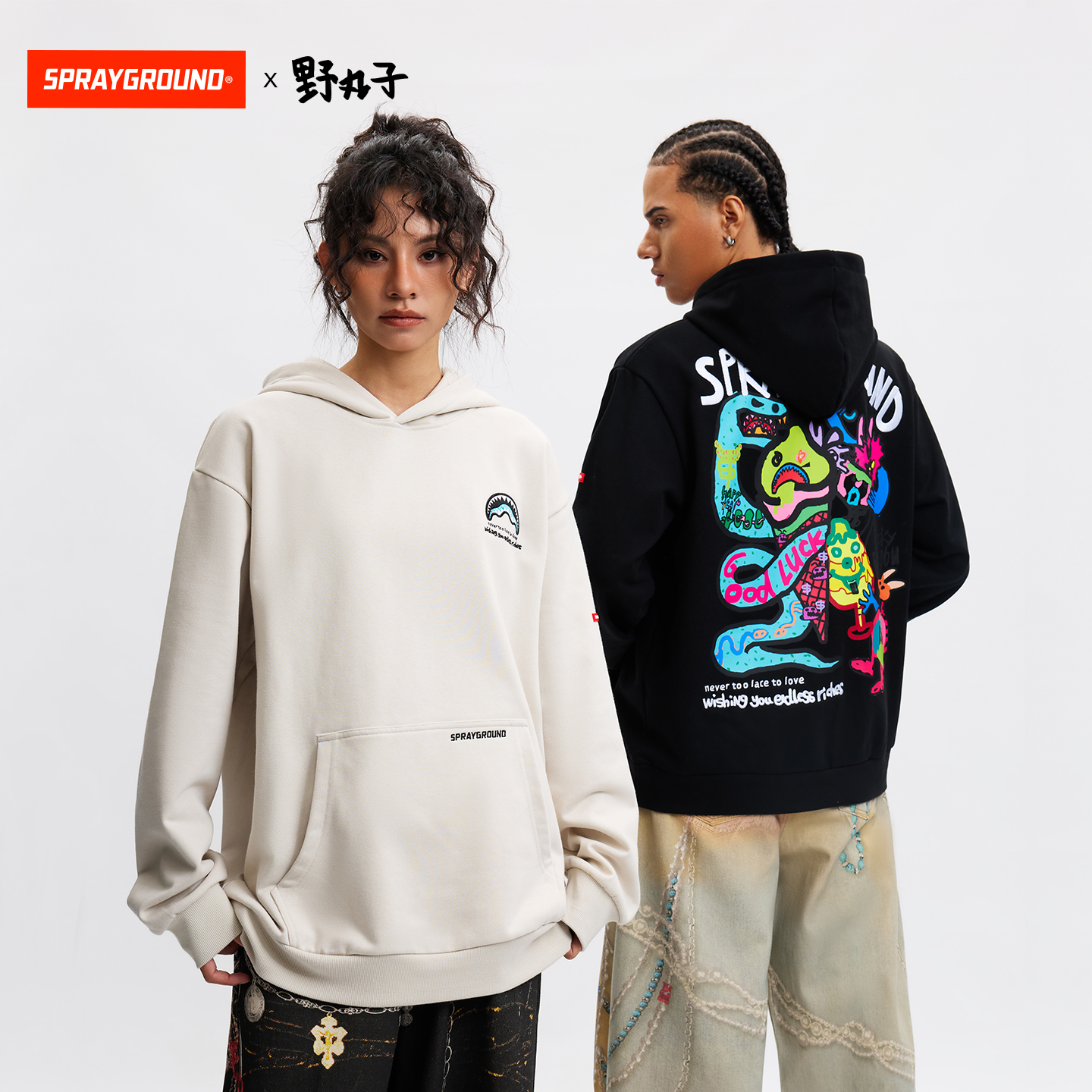 野丸子联名 SprayGround鲨鱼嘴手绘涂鸦连帽卫衣男25秋冬宽松帽衫