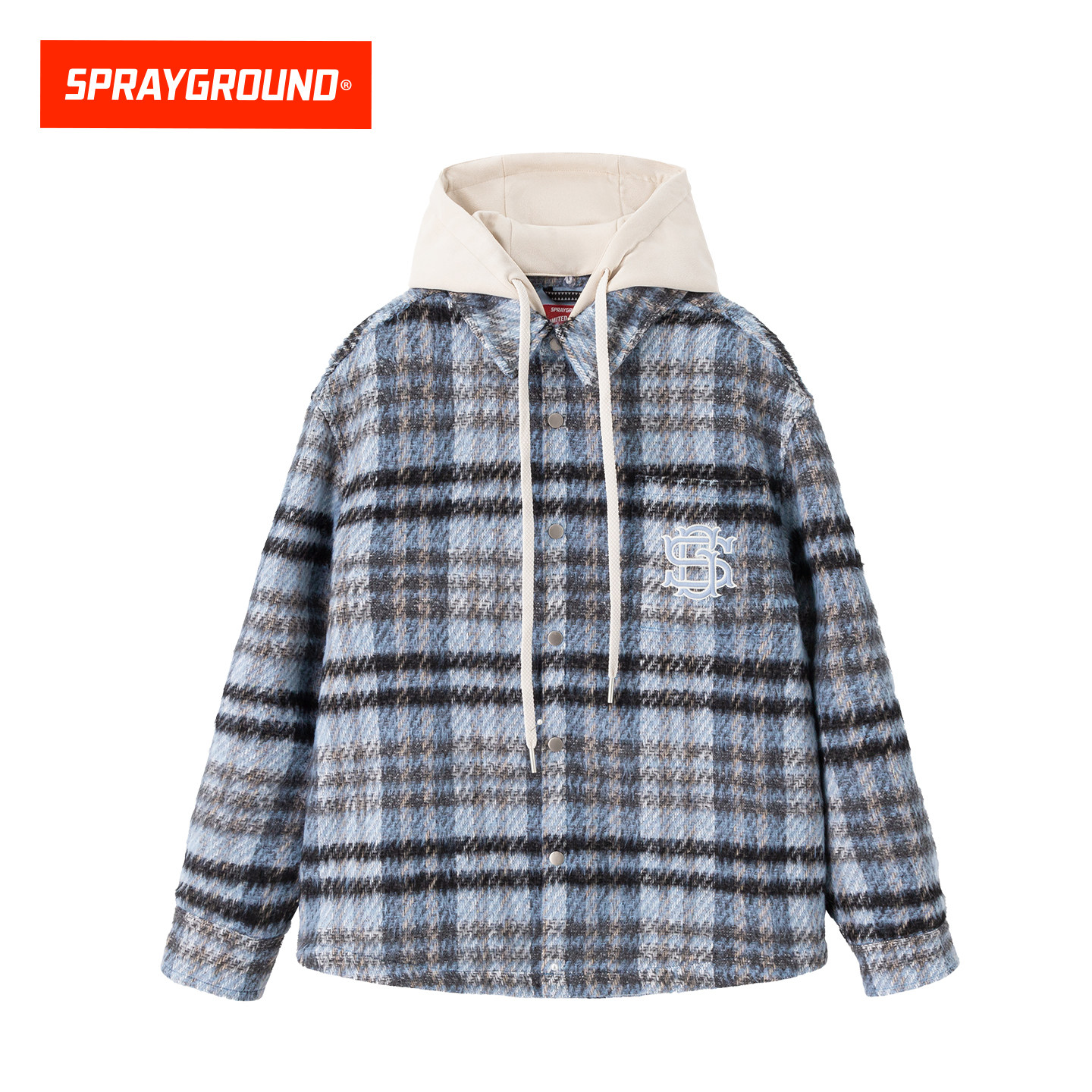 SprayGround鲨鱼嘴秋冬假两件格纹棉服男女连帽宽松保暖衬衫外套