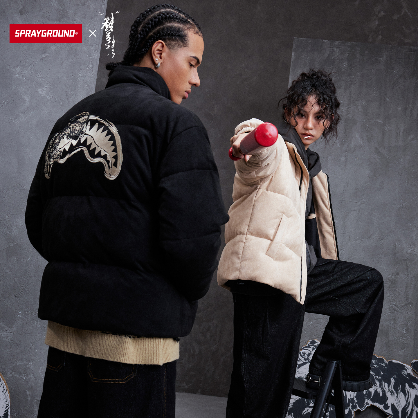 虫师联名SprayGround水墨鲨鱼嘴羽绒服男女冬季保暖立领面包服