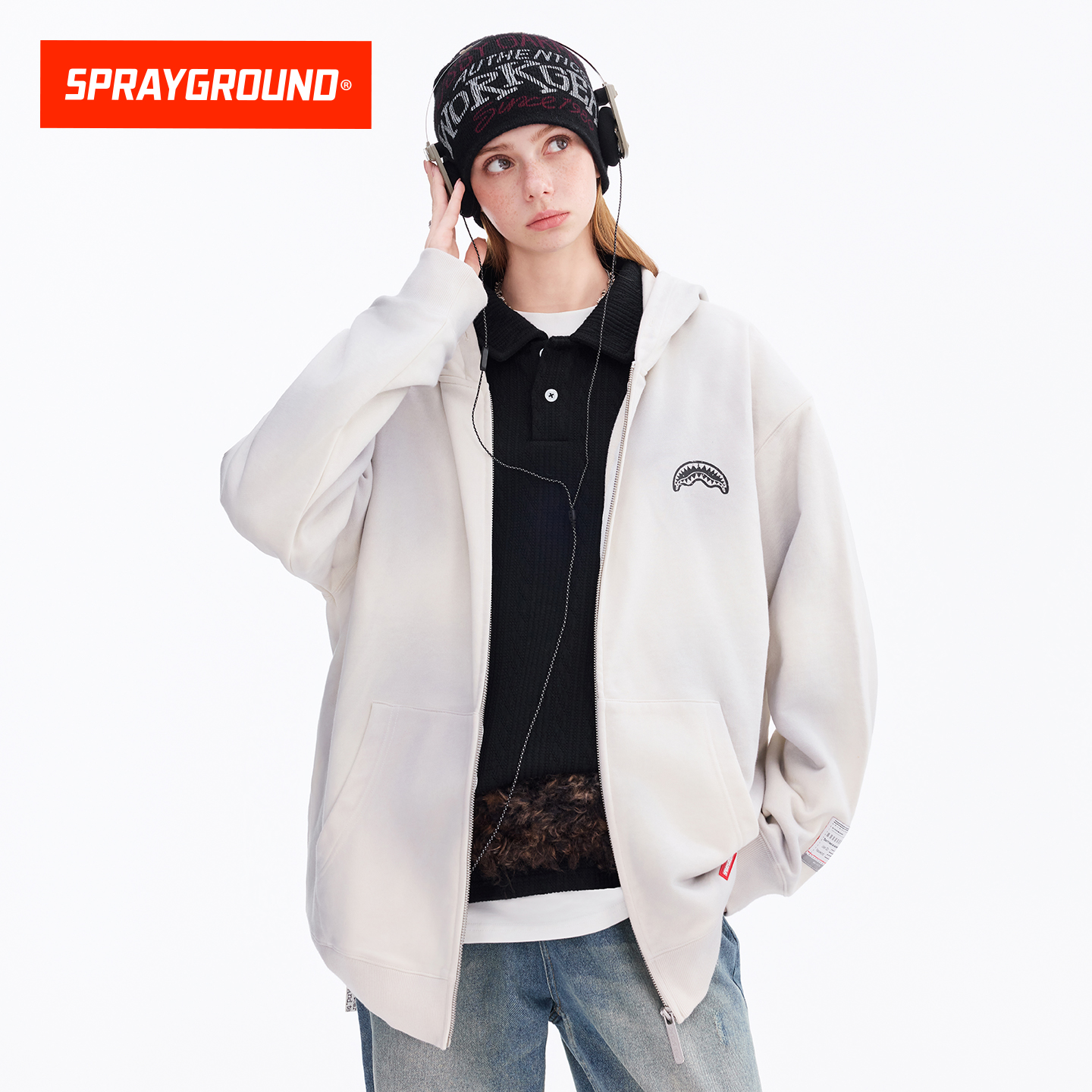 SprayGround鲨鱼嘴25秋字母印花拉链卫衣男做旧宽松连帽开衫外套