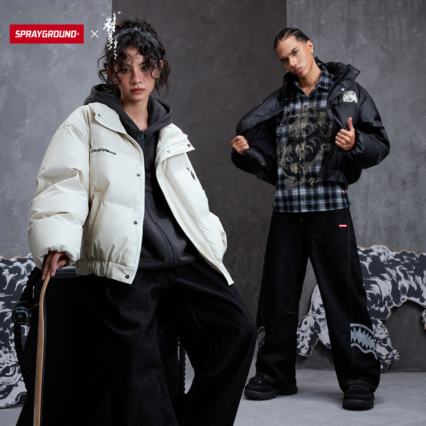 虫师联名SprayGround鲨鱼嘴25AW刺绣立领羽绒服男女保暖面包服