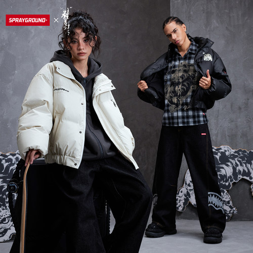虫师联名SprayGround鲨鱼嘴25AW刺绣立领羽绒服男女保暖面包服