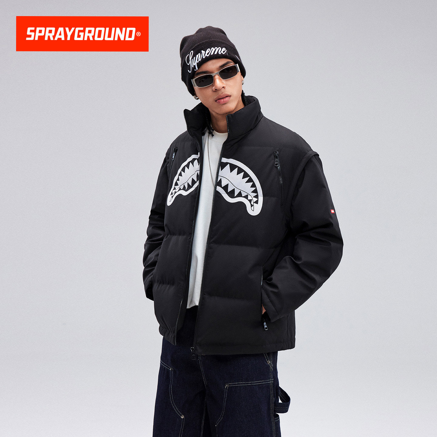 SprayGround鲨鱼嘴冬季可拆卸袖羽绒服男立领加厚白鸭绒羽绒外套