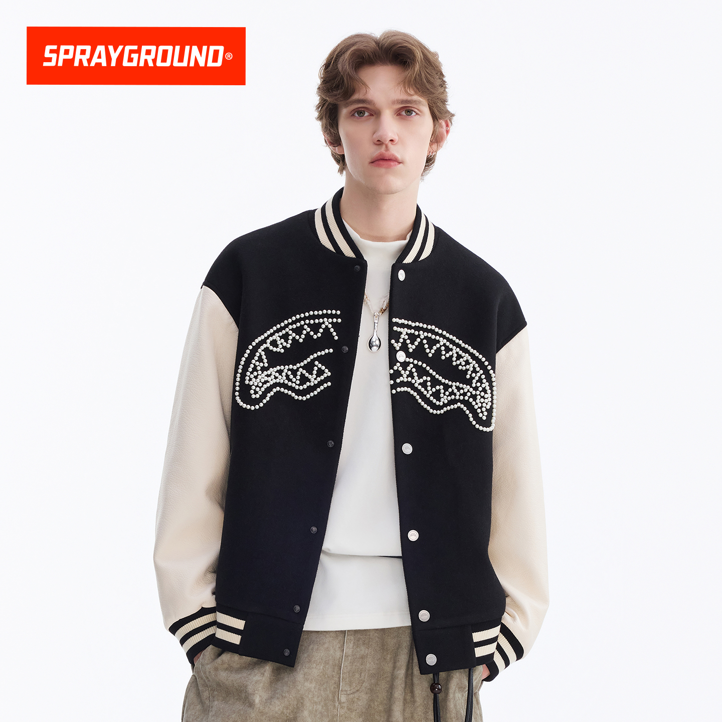 SprayGround珍珠鲨鱼嘴棒球服外套男25秋季新款休闲宽松夹克上衣