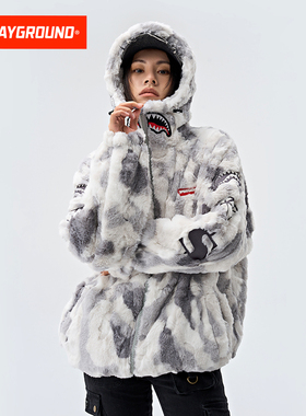 SprayGround鲨鱼嘴毛绒棉服男女秋冬保暖外套情侣加厚连帽棉衣潮