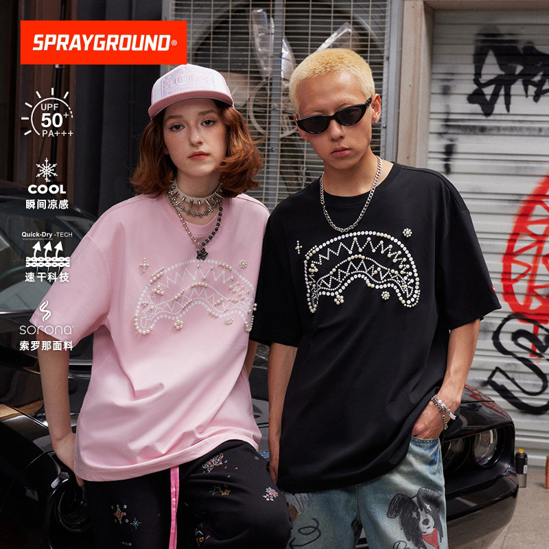 SprayGround夏季珍珠鲨鱼嘴短袖T恤男女宽松防晒凉感美式上衣体恤
