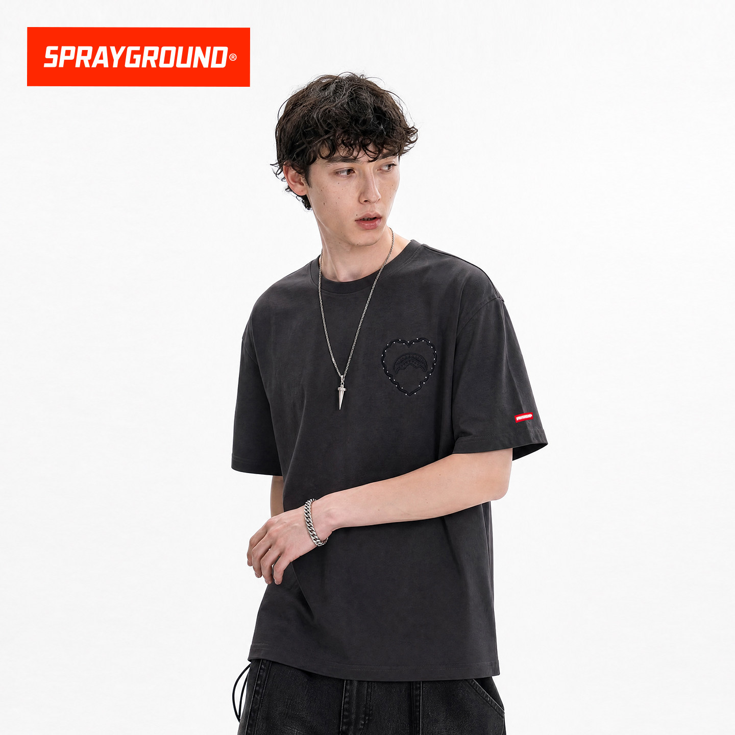SprayGround鲨鱼嘴美式烫钻logo纯棉短袖 宽松休闲情侣T恤夏