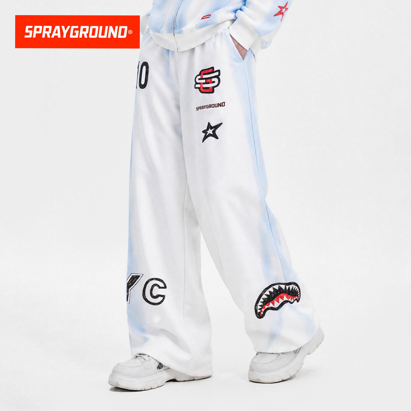 SprayGround鲨鱼嘴渐变手绘印花阔腿卫裤垂感男女同款休闲长裤