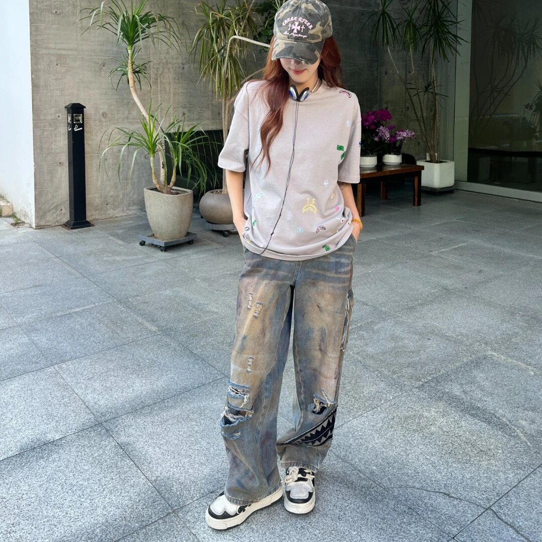 SprayGround鲨鱼嘴 潮流美式街头水洗脏染牛仔长裤宽松百搭休闲裤