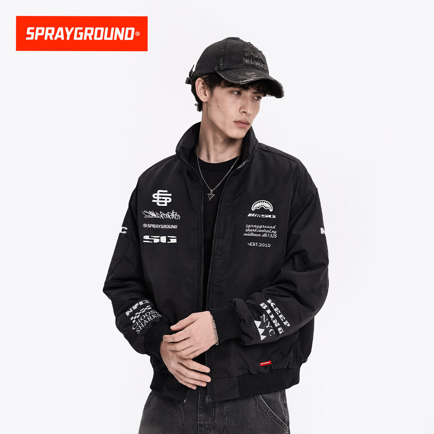 SprayGround鲨鱼嘴黑色复古满印标语立领外套宽松百搭拉链夹克