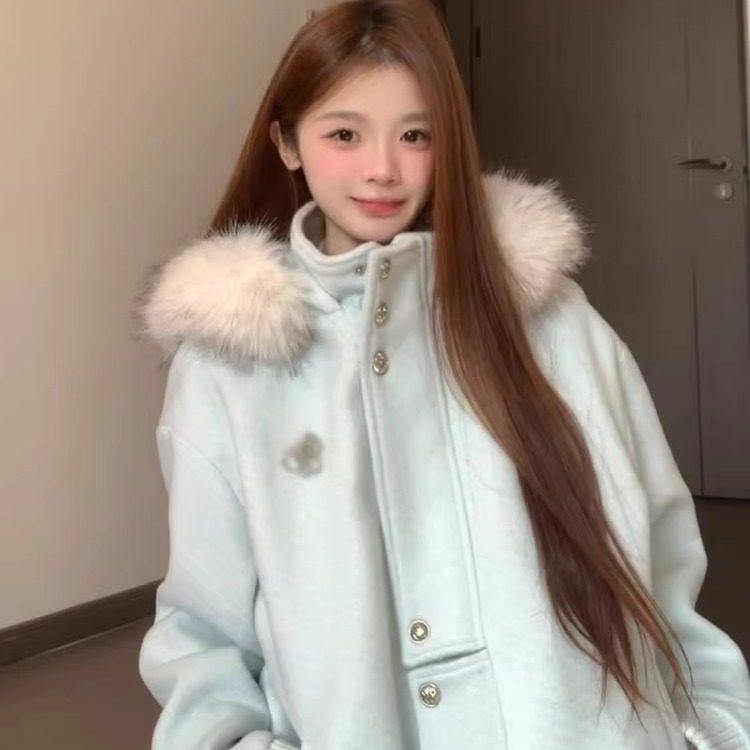 甜美蓝色连帽毛领毛呢外套女秋冬季高级感富家千金风加厚呢子大衣,女装/女士精品,毛呢外套,淘宝优惠券,粉丝福利购,淘宝优惠卷