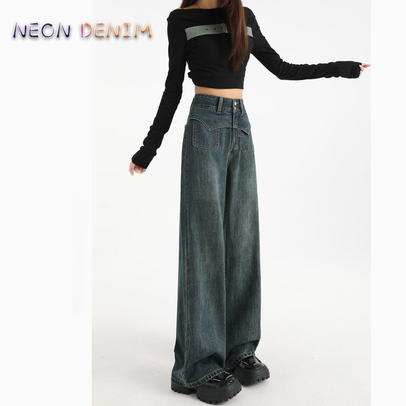 广州新塘复古蓝阔腿牛仔裤女春秋