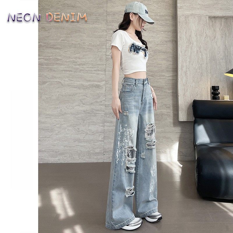 广州新塘美式乞丐破洞牛仔裤女2025早秋新款蕾丝设计感阔腿直筒裤,女装/女士精品,牛仔裤,淘宝优惠券,粉丝福利购,淘宝优惠卷